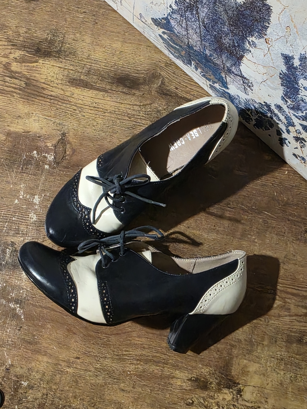 Chelsea Crew Navy and Cream Two-Tone Lace-Up Heels